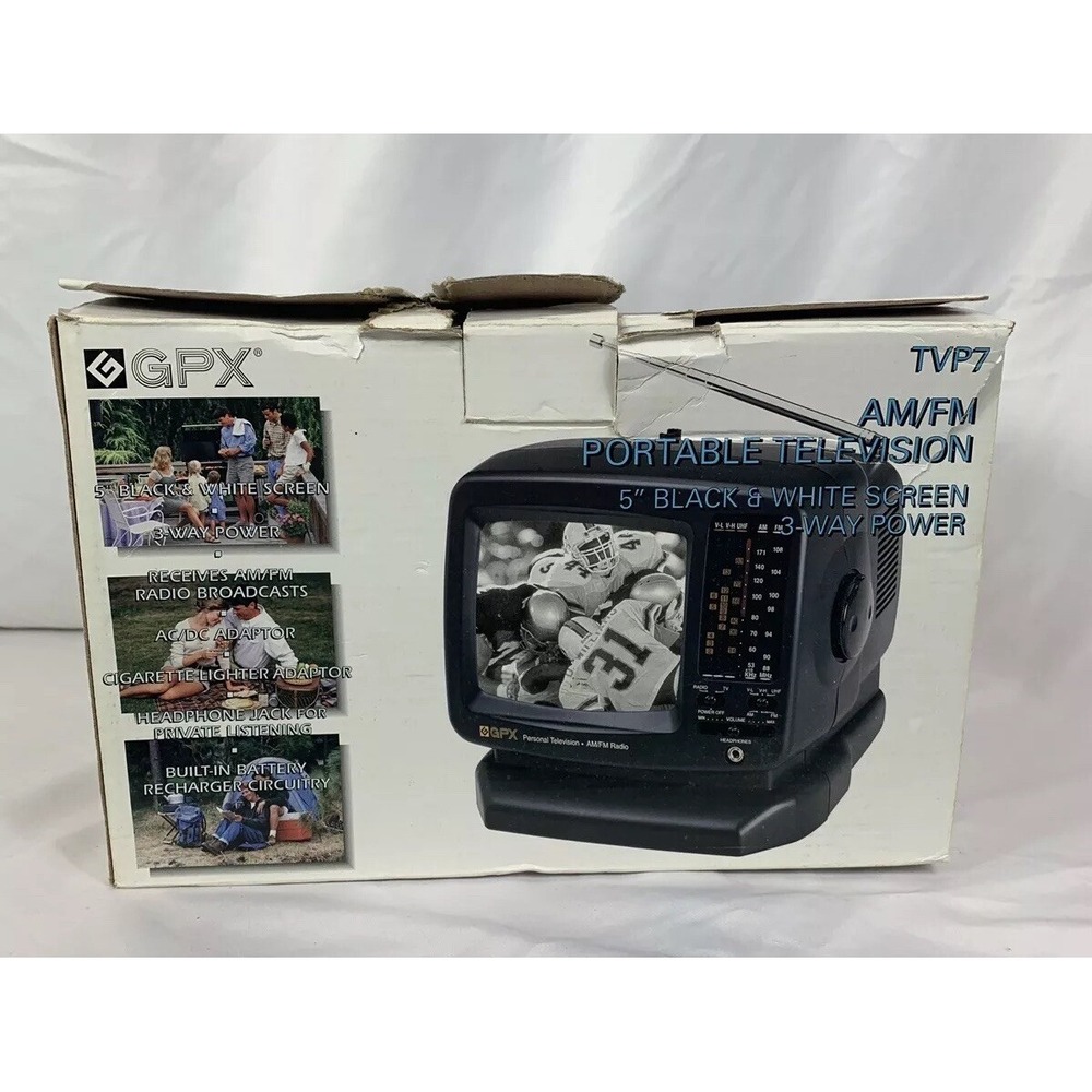 Mini Tv GPX TVP7 AM/FM Portable Television Black/white 5". 3 Way Power.Tested!!‎